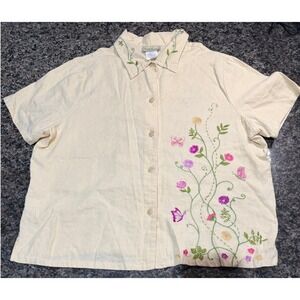 Studio Ease Linen Blend Embroidered Butterfly Floral Button Up Shirt Cream Sz 16
